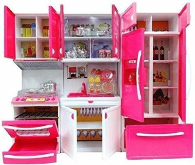 MAHI ENTERPRISE Playing Modern Doll Kids Kitchen Set for Girls with Light and Musical 3 fold Compartment (Model , Color May Vary)