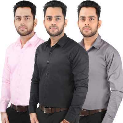 CRAFT HEAVEN Men Solid Casual Pink, Black, Grey Shirt(Pack of 3)