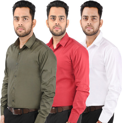 CRAFT HEAVEN Men Solid Casual Green, Red, White Shirt(Pack of 3)