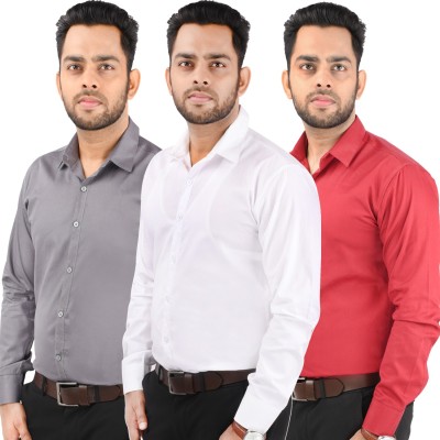 CRAFT HEAVEN Men Solid Casual Red, Grey, White Shirt(Pack of 3)