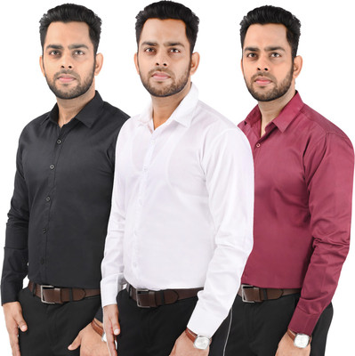 CRAFT HEAVEN Men Solid Casual Maroon, Black, White Shirt(Pack of 3)