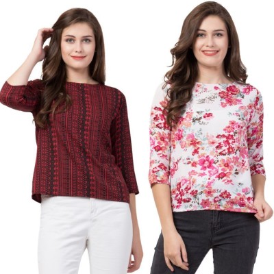 Now Try IT Casual 3/4 Sleeve Printed Women Maroon, Pink Top