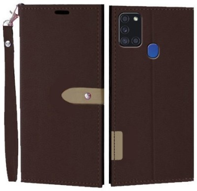 Krofty Flip Cover for Samsung Galaxy A21s(Brown, Cases with Holder, Pack of: 1)