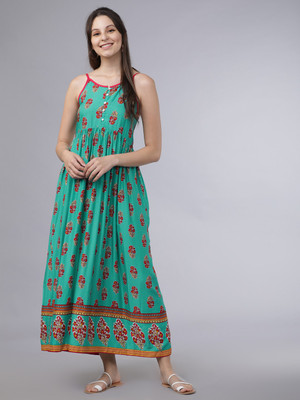 Vishudh Women A-line Green Midi/Calf Length Dress