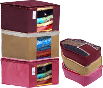 KUBER INDUSTRIES Designer Non Woven 3 Pieces Saree Cover/Cloth Wardrobe Organizer and 3 Pieces Blouse Cover Combo Set (Pink & Maroon & Brown) CTKTC045377(Pink & Maroon & Brown)