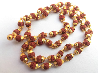 Apnisanskriti Lab Certified Rudraksh Mala with Golden Cap- Brown - Rudraksha Gold-plated Plated Wood Chain