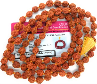 Apnisanskriti Lab Certified 5 Mukhi Rudraksha Mala for Jaap ( Big Bead Size, 108+1 Beads) Wood Chain