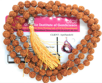 Apnisanskriti Lab Certified 5 Mukhi Rudraksha Mala with Buddha Face for Jaap Wood Chain