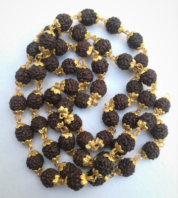 Apnisanskriti Lab Certified Black Rudraksh Mala With Golden Cap- Black - Original Rudraksh Gold-plated Plated Wood Chain