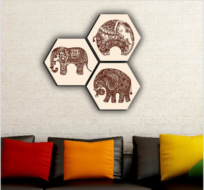 saf SET OF 3 ELEPHANT ETHINIC Embossed 21 inch x 21 inch Painting(Without Frame, Pack of 3)