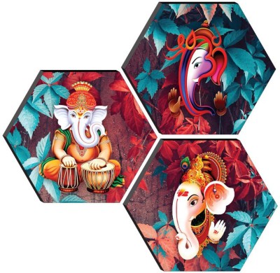 saf SET OF 3 HEXAGON GANESHA Embossed 17 inch x 17 inch Painting(Without Frame, Pack of 3)