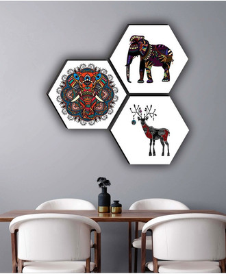 saf SET OF 3 HEXAGON MODERN ART Embossed 21 inch x 21 inch Painting(Without Frame, Pack of 3)