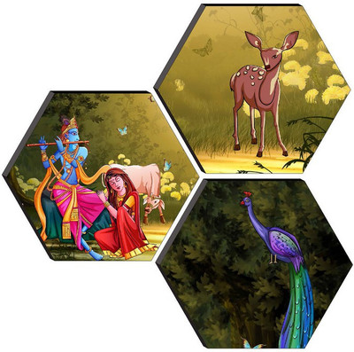saf SET OF 3 HEXAGON RADHA KRISHNA Embossed 21 inch x 21 inch Painting(Without Frame, Pack of 3)