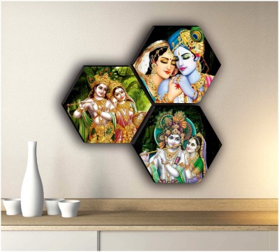 saf SET OF 3 HEXAGON RADHA KRISHNA Embossed 21 inch x 21 inch Painting(Without Frame, Pack of 3)