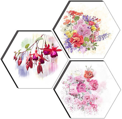 saf SET OF 3 HEXAGON MODERN ART Embossed 21 inch x 21 inch Painting(Without Frame, Pack of 3)