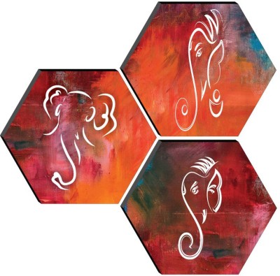 saf SET OF 3 HEXAGON GANESHA Embossed 17 inch x 17 inch Painting(Without Frame, Pack of 3)