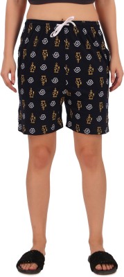 Kiba Retail Printed Women Reversible Dark Blue Regular Shorts