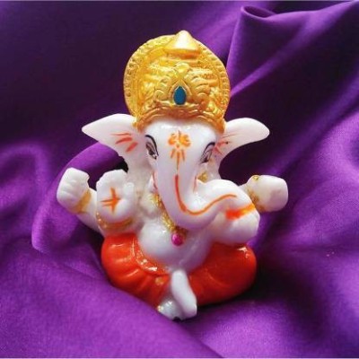 Kunti Craft Handcrafted Meditating Lord Car Ganesh | Ganesha Idol Statue for Car Dahsboard Decorative Showpiece  -  4 cm(Polyresin, White, Orange, Gold)