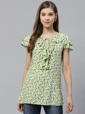 Yash Gallery Casual Short Sleeve Printed Women Green Top