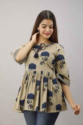 Rung Gulal Casual 3/4 Sleeve Floral Print Women Blue Top