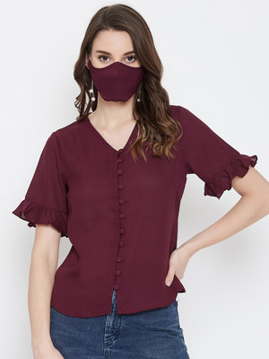 Imfashini Casual Half Sleeve Solid Women Maroon Top
