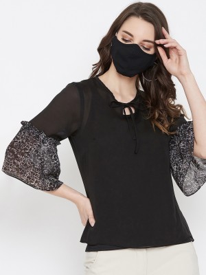 Imfashini Casual Bell Sleeve Printed Women Black Top