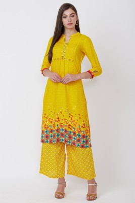 RANGRITI Women Printed Straight Kurta(Yellow)