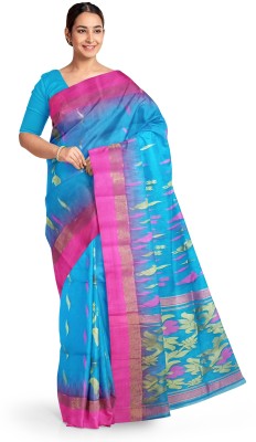 Pradip Fabrics Woven Tant Silk Blend Saree(Light Blue, Pink)