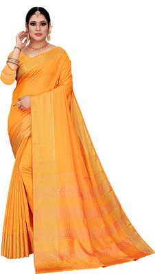 BHAKTI BHUSHAN CREATION Solid/Plain Bollywood Cotton Blend, Cotton Silk Saree(Gold, Yellow)
