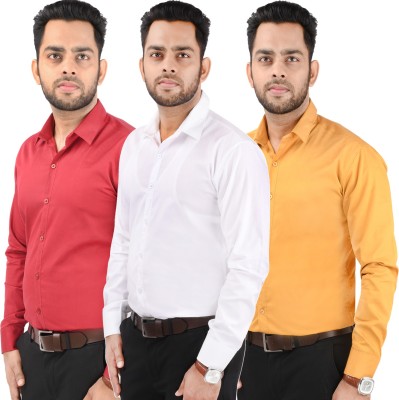 CRAFT HEAVEN Men Solid Casual Yellow, Red, White Shirt(Pack of 3)