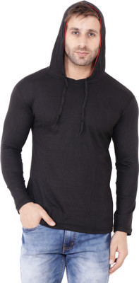 Money Leaf Self Design Men Hooded Neck Black T-Shirt