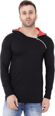 Blisstone Solid Men Hooded Neck Black T-Shirt