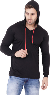 Money Leaf Self Design Men Hooded Neck Black T-Shirt