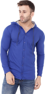 GEUM Solid Men Hooded Neck Blue T-Shirt