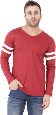 Money Leaf Self Design Men V Neck Maroon T-Shirt