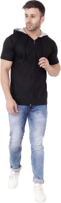 Blisstone Solid Men Hooded Neck Black T-Shirt