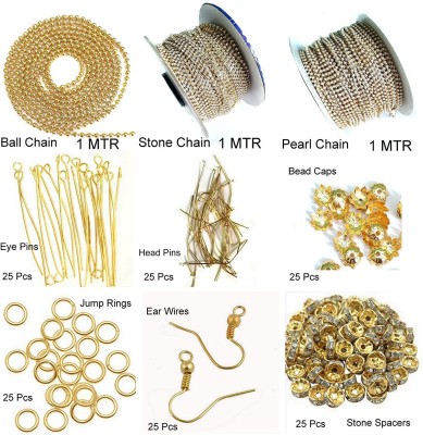 Crafto Ball chain, Pearl Chain, Stone Chain, Spacers, Bead Caps, Eye Pins, Head Pins, Jump Rings, Ear Wires, ( 9 Items ), For Silk Thread Jewellery making Mini kit