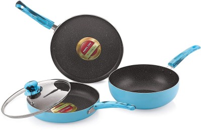 NIRLON Bluesea 4-Piece Aluminium Non Stick Cookware Gift Set with Glass Lid, Blue Non-Stick Coated Cookware Set(PTFE (Non-stick), Aluminium, 4 - Piece)