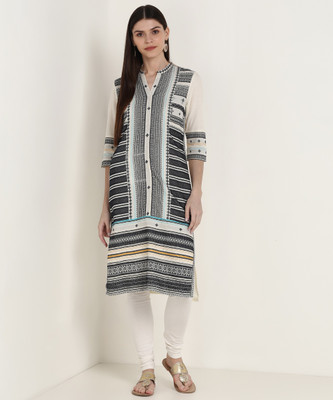 W Women Self Design Straight Kurta(Dark Blue, White)