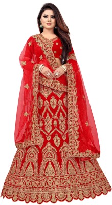 Hensi sarees shop Solid, Embroidered, Checkered, Embellished, Self Design Semi Stitched Lehenga Choli(Red)