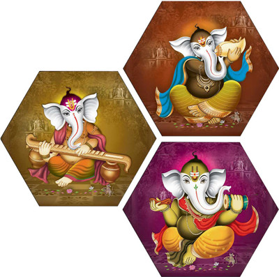 Masstone Ganesha Religious Three Piece Hexagon MDF Painting Digital Reprint 21.5 inch x 21.5 inch Painting(With Frame, Pack of 3)