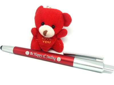 SMART WORLD FREINDSHIP DAY Special edition LED light twister ball pen with stylus for anroid and touch screen devices-(Be Happy & Smiling theme engraved)with red teddy keychain Pen Gift Set(Pack of 2, Ink Color - Blue)