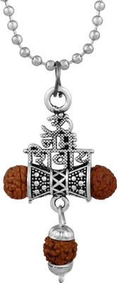 Zumrut Jaipuri Solid Sterling Oxidize Silver Plated Handcrafted Hindi Word Om Namah Shivaya Bholenath Damru with Rudraksha Beads Religious Pendant Spiritual Jewellery for Men/Women Silver Brass Pendant