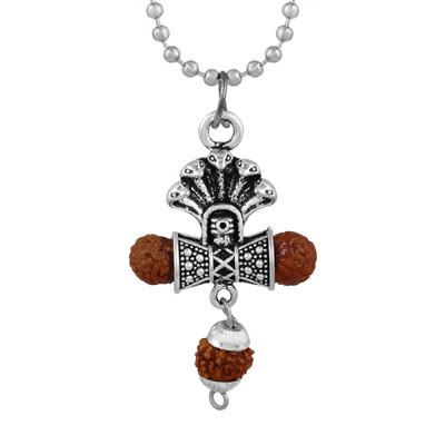 Zumrut Solid Sterling Oxidize Silver Plated Mahadev Third Eye Covered by Sheshnag/SheshNaag/Nag Panch Snake Idol with Texture Damru and Rudraksha Beads Religious Spiritual Jewellery for Men/Women Silver Brass Pendant