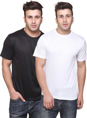 CAZORA Solid Men Round Neck White, Black T-Shirt