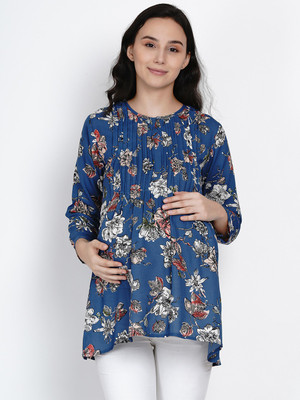 Mine4Nine Casual Full Sleeve Floral Print Women Blue Top