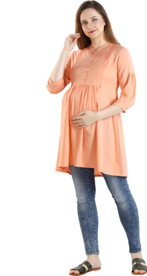 AV2 Casual Juliet Sleeve Solid Women Orange Top