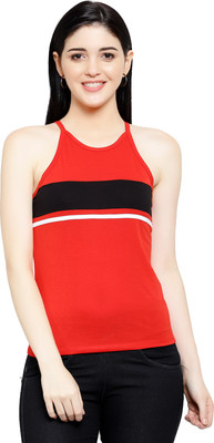 LE BOURGEOIS Casual Sleeveless Color Block Women Red Top