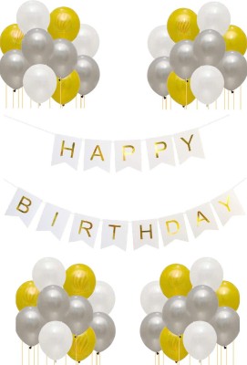 PartyballoonsHK Solid Happy Birthday  Banner With 50 pcs Metallic Latex Balloons for birthday decorations (White Banner + 50 Balloons), (White ,Silver & Gold )( pack of 51) Balloon(White, Silver, Gold, Pack of 51)