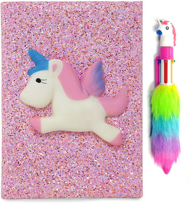 Prezzie Villa Squishy Unicorn with Feathers Diary with 1 6in1 Pen A5 Diary Ruled 140 Pages(Pink, Pack of 2)